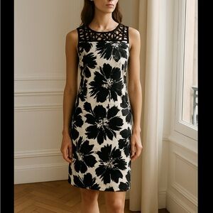 Vintage White Black Floral Sheath Dress 90s Size M Timeless Chic Art To Wear